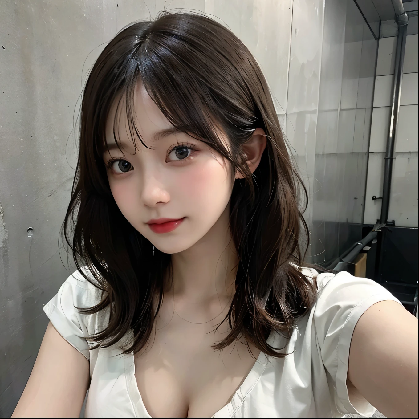 ((best quality)), ((masterpiece)), (detailed), perfect face. Asian girl. Selfie. Blank T-shirt. Wall. Cleavage. Low lighting.