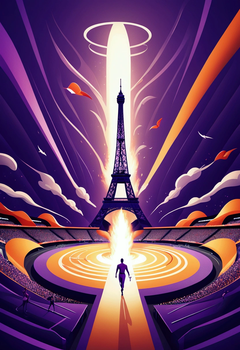 Olympic Games Poster Design:Smooth fantasy style, towering Eiffel Tower, purple stadium, fireworks, grand sports event, bright lights, bird 's-eye view, lavender like purple tone, purple track, overhead, exaggerated composition, exaggerated perspective, wide Angle, majestic scene, cartoon style, bright colors, crisp lines, Olympic Games LOGO,burning torch,rendering, clear sky, HD, 8k