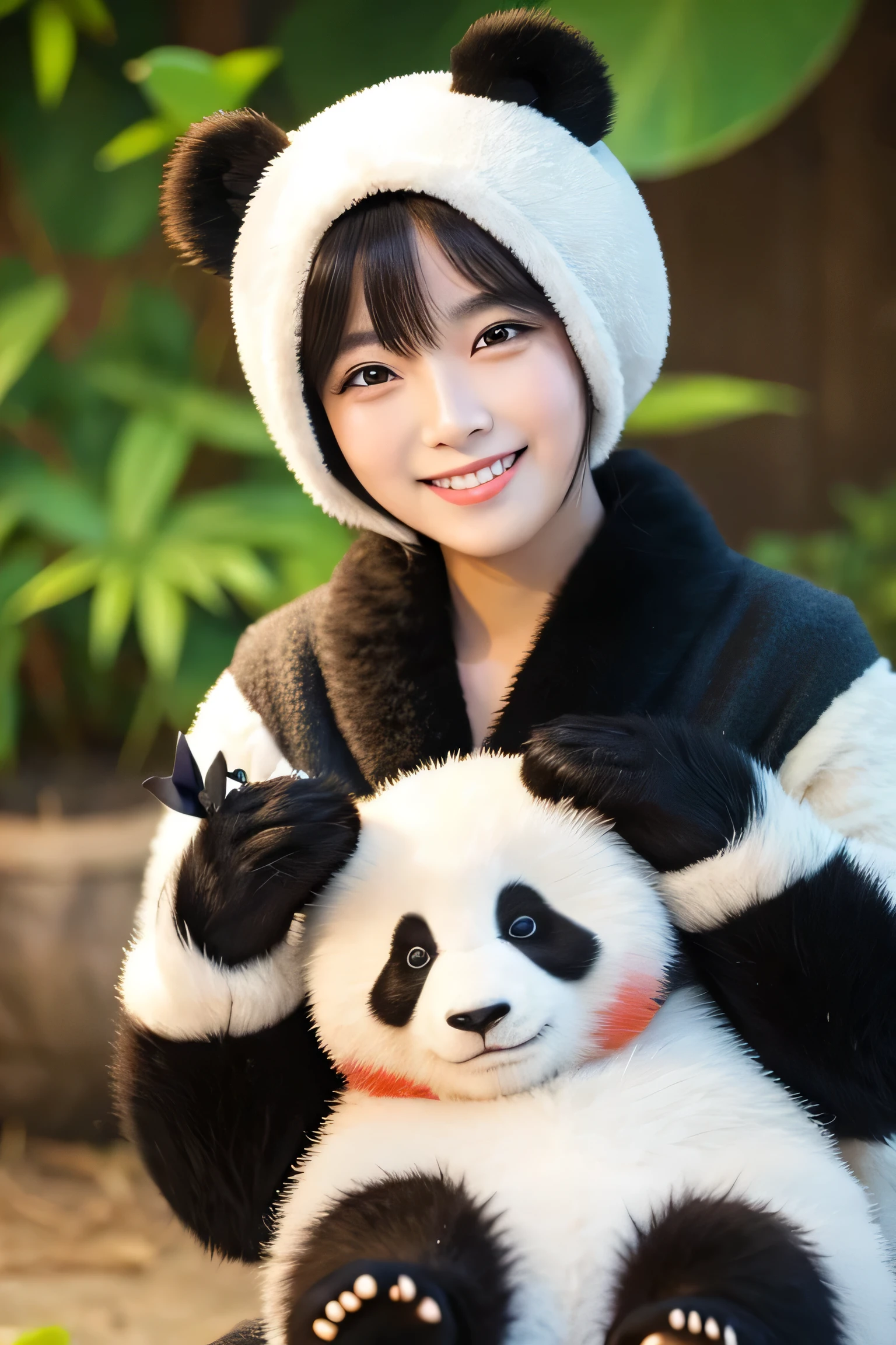 With a smiling live panda Beautiful woman