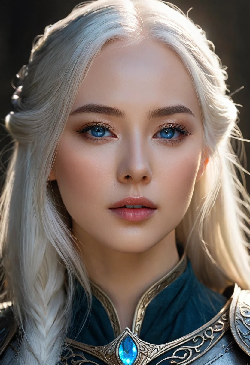 dark style, Luxearte style, Jun Kim style, portrait, Delicate face, Beautiful woman, Full lips, elf, 12th century, blue eyes, Briot, Lord of the Rings armor, white hair, Nearly perfect, Clean Delicate face, glowing shadow, beautiful gradient, Depth of Field, Clean Graphics, high quality, High Detail, HD, Luminous Studio graphics engine