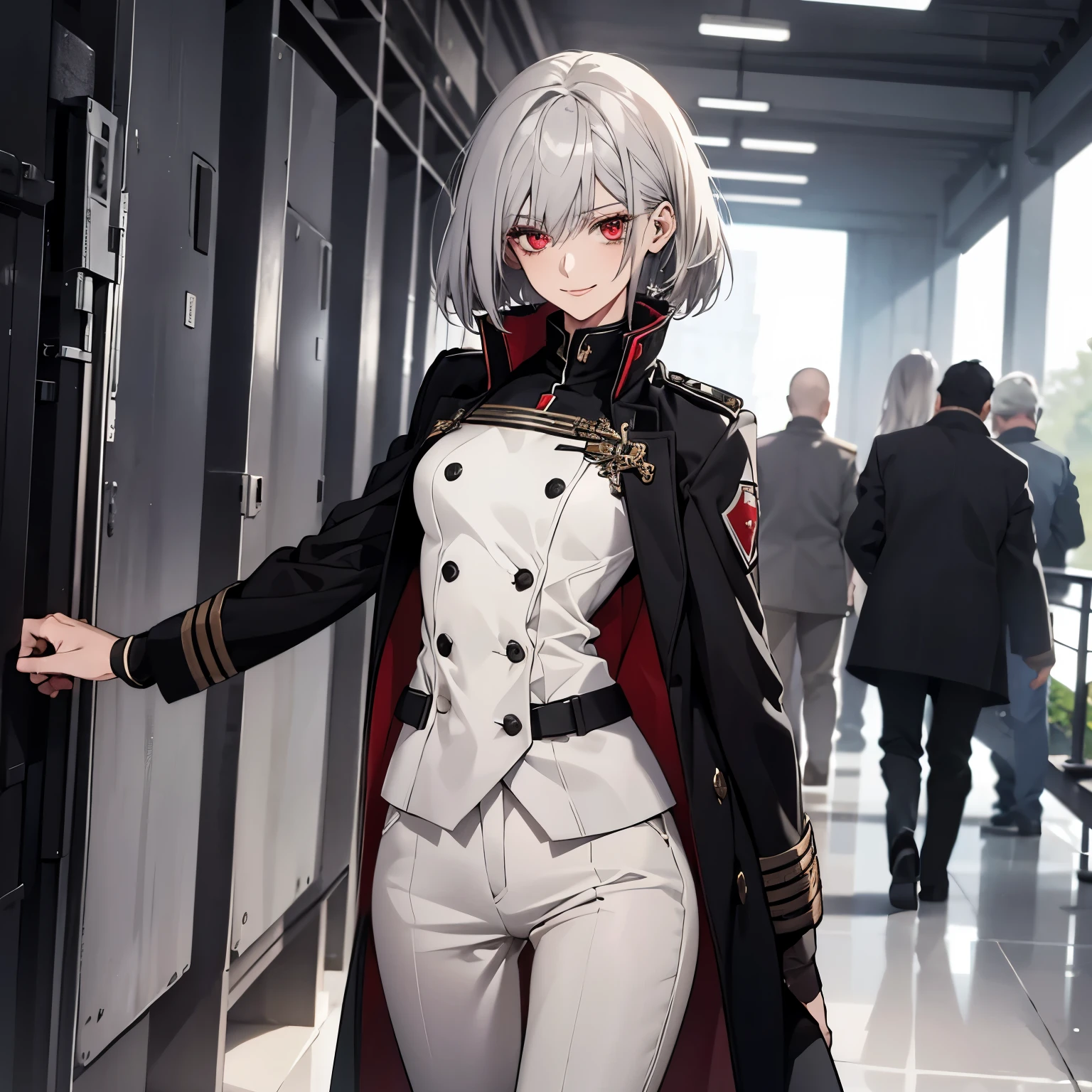 (Confused, High resolution, Very detailed), 1 female, Silver Hair,Bob Hair,Bright red eyes,White and black military uniform,24th generation,beauty,mature,thin,quiet,Calm,A small smile,A kind smile,In front of people you like,Long coat,Slender and thin,boots,skinny pants,observatory,Small breasts,