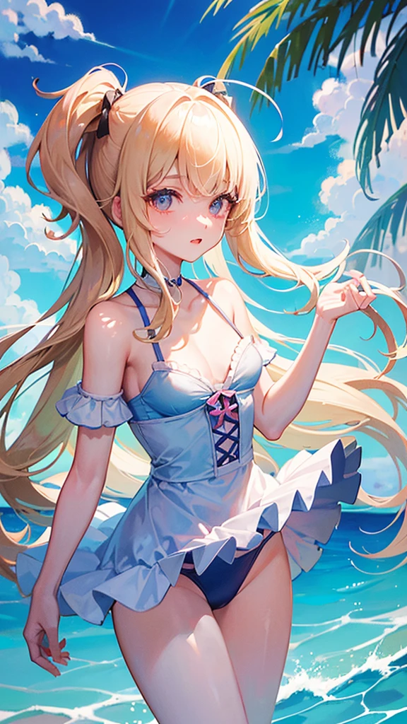 ((Best Quality)), (ultra-detailliert), ((Extremely detailed)), (Beautiful), ((Kawaii Girl)), ((UHD)), (masterpiece), (high quality), (best quality), (4K), (high quality), 1, solo girl, 1girl, ((platinum blond hair)), parted bangs, ((hair intakes)), long hair, (hair two side up long), ((jade colored eyes)), slanted eyes, large breasts, slender body, lite blue frilled bikni, (strings frilled) bikini, Pool Background, (blue sky:1.3), solar, sunlight, anime