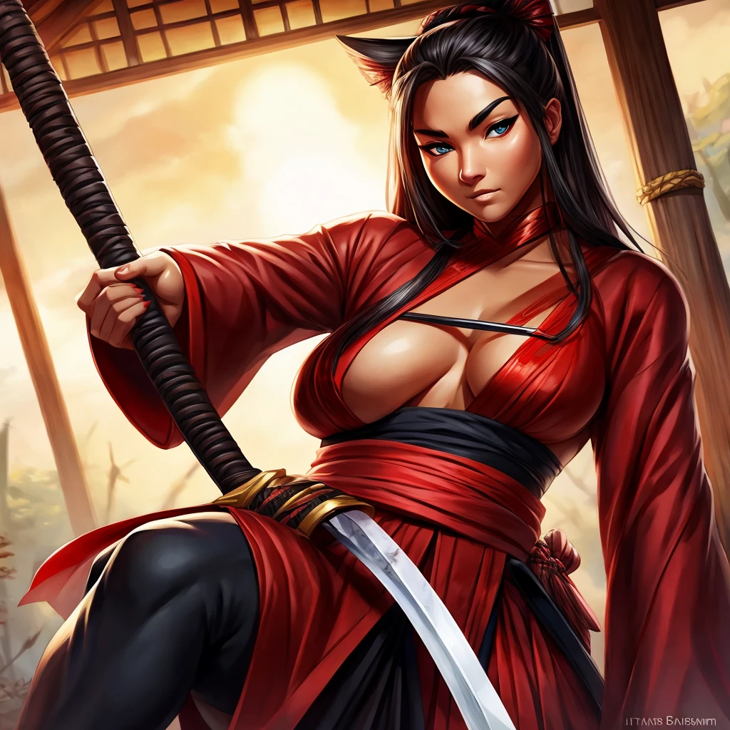 Samurai cleaning bloody katana, view focused on the face, Artgerm