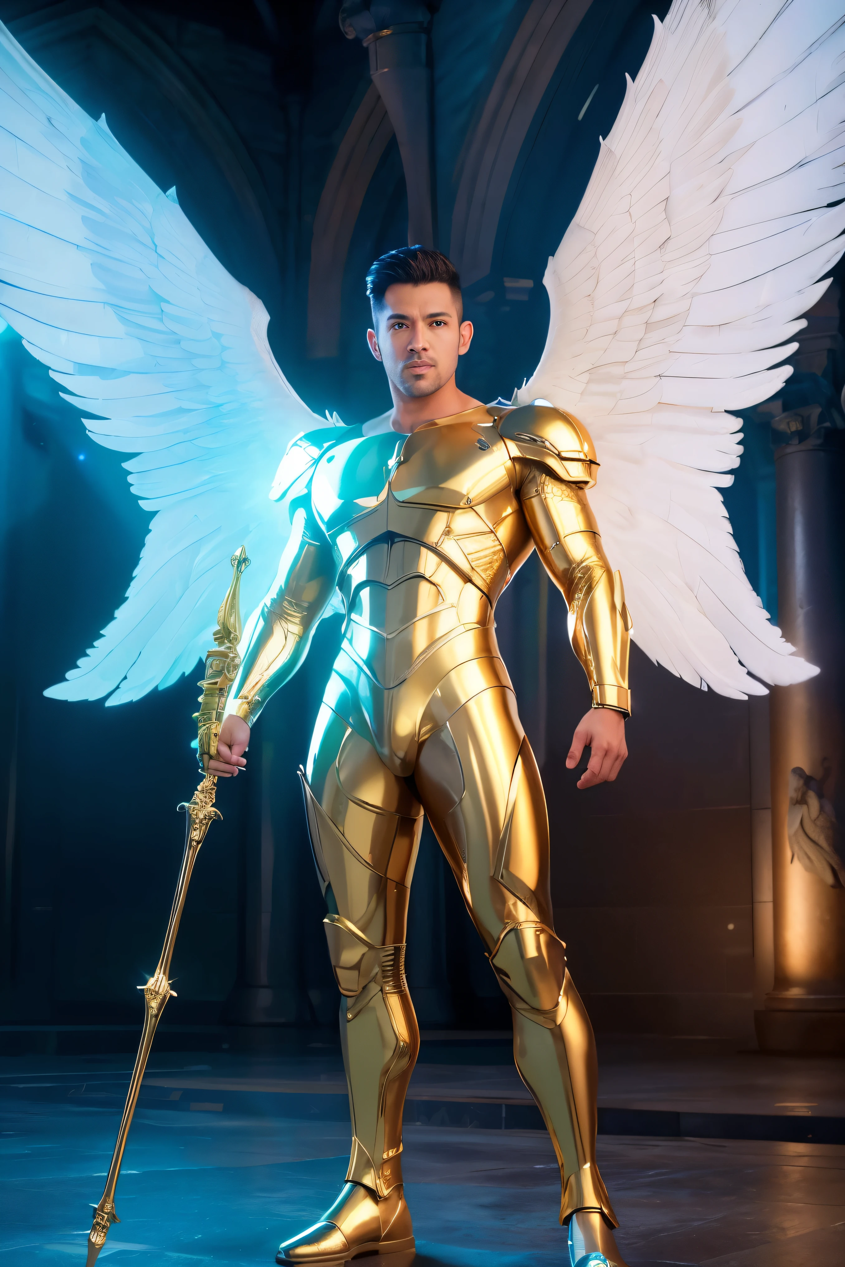 ultra high res, best quality, photo, 4k, (photorealistic:1.4), cinematic lighting, a male angel with large translucent wings,muscular man, abdominal muscle, wearing medieval gold armor, detailed feathers, cyberpunk environment, snow and  environment in the background, cathedral of , portal of the future, volumetric light, HD, magic, god light, backlighting, detailed face, contrapposto,