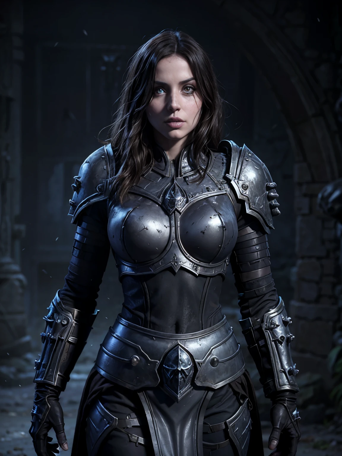 female death Knight staying in the middle of the ruined citadel, cinema warcraft shot, detailed face, anadea69, heavy metal armor, wowdk, 