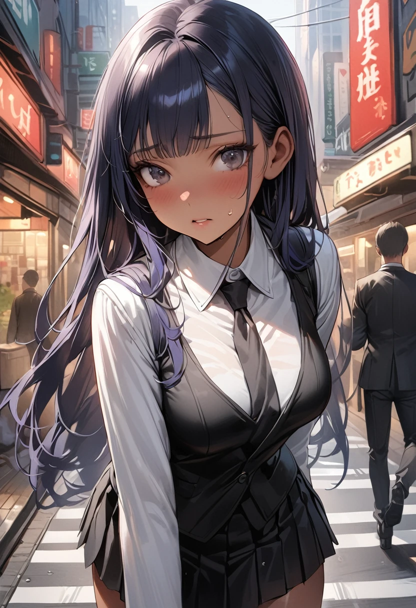 ((masterpiece,Highest quality:1.3,best quality illustration)),realistic,cowboy shot,1woman,(20 year old beauty),((very small head:1.4)),ideal ratio body proportions,dark blue hair,straight long hair,bangs,black eyes,gorgeous big eyes,shy、((tan skin,skinny)),(Black vest、Black tie、White collared shirt、Long sleeve、Black pleated mini skirt)),medium breasts,gleaming skin,slender body,sweat,walk,on street,Shinjuku、Tokyo、