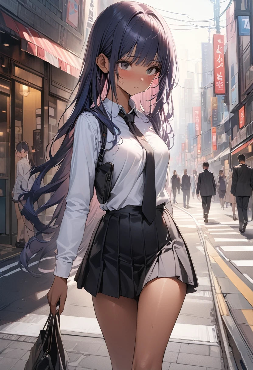 ((masterpiece,Highest quality:1.3,best quality illustration)),realistic,cowboy shot,1woman,(20 year old beauty),((very small head:1.4)),ideal ratio body proportions,dark blue hair,straight long hair,bangs,black eyes,gorgeous big eyes,shy、((tan skin,skinny)),(Black vest、Black tie、White collared shirt、Long sleeve、Black pleated mini skirt)),medium breasts,gleaming skin,slender body,sweat,walk,on street,Shinjuku、Tokyo、