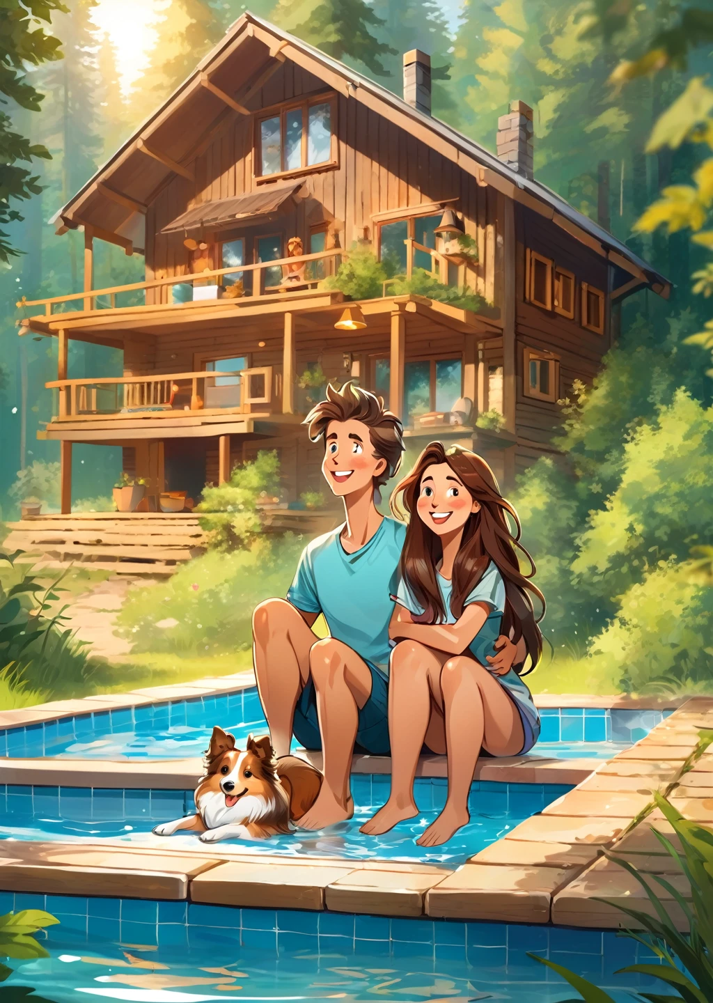 Forest cabin.
young couple. man Woman.
sheltie dog
joy
luck
chill
sun
love.
holiday
entertainment.
laughter
Forest cabin.
Outdoor swimming pool.