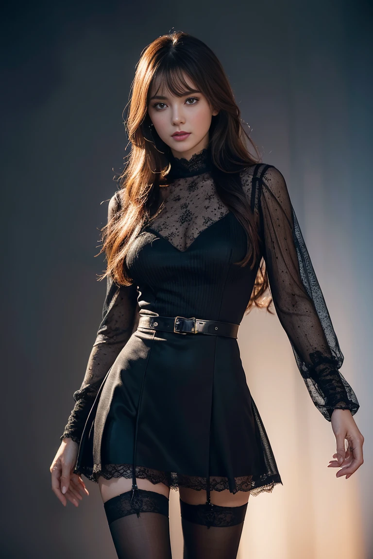 portrait, Elegant adult women, brown eyes, long hair, side swept bangs, Sheer dress, see through dress, 4K resolution, High quality CG, fair redhead woman in (short skirt), stewardess aboard an interplanetary ship, short dress, (legs in pantyhose), (dark pantyhose), make-up, (lace stockings with garters), cinematic lighting, highly detailed, amazing, finely detailed, more realistic, Ultra HD 32k, cinematic, 4k, footage from an epic movie, clear focus, detailed character design, ultra-high resolution, perfectly composed, UHD, style of Louis Royo, Greg Rutkowski, illustrations