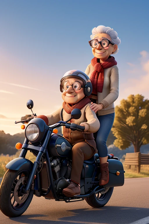 A drawing of a grandfather riding a motorcycle and a grandmother behind the motorcycle. They are wearing helmets and goggles. Grandma is in the back, with a scarf fluttering in the wind. They both have happy smiles on their faces, and the bike is a classic, with a retro style. The surrounding scenery is a quiet road, with trees and maybe a sunset in the background."