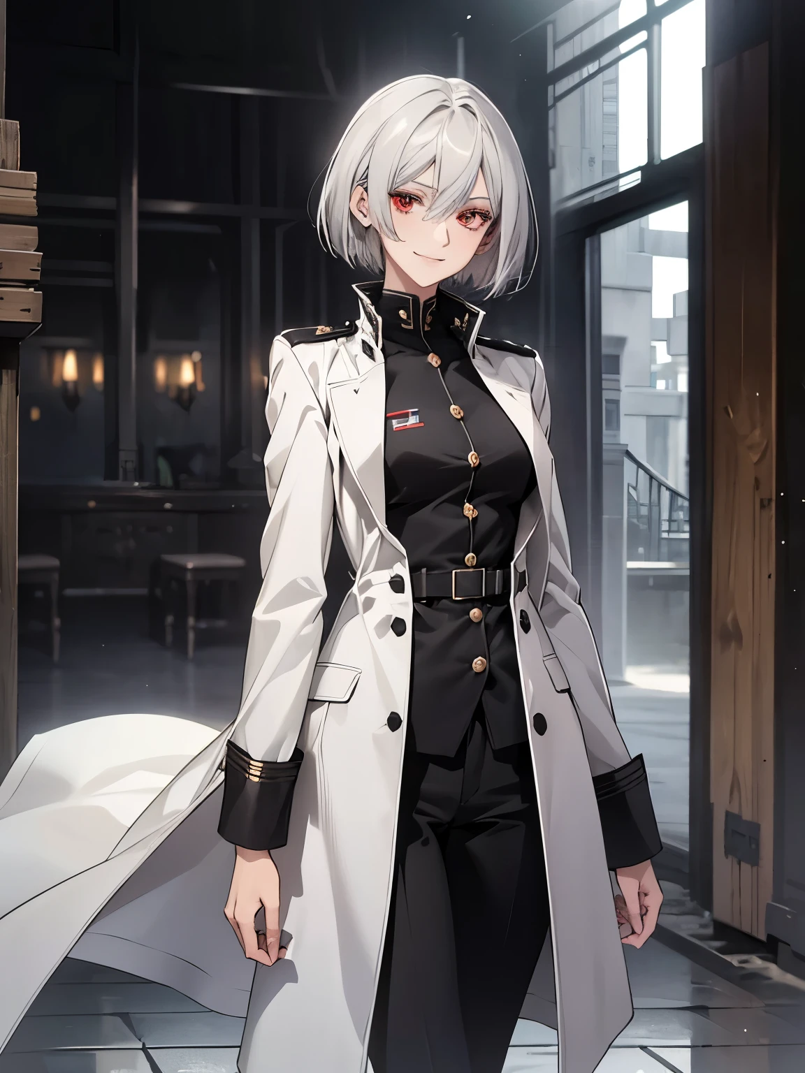 (Confused, High resolution, Very detailed), 1 female, Silver Hair,Bob Hair,Bright red eyes,White and black military uniform,24th generation,beauty,mature,thin,quiet,Calm,A small smile,A kind smile,In front of people you like,Long coat,Slender and thin,boots,skinny pants,observatory,Small breasts, Erect nipples,