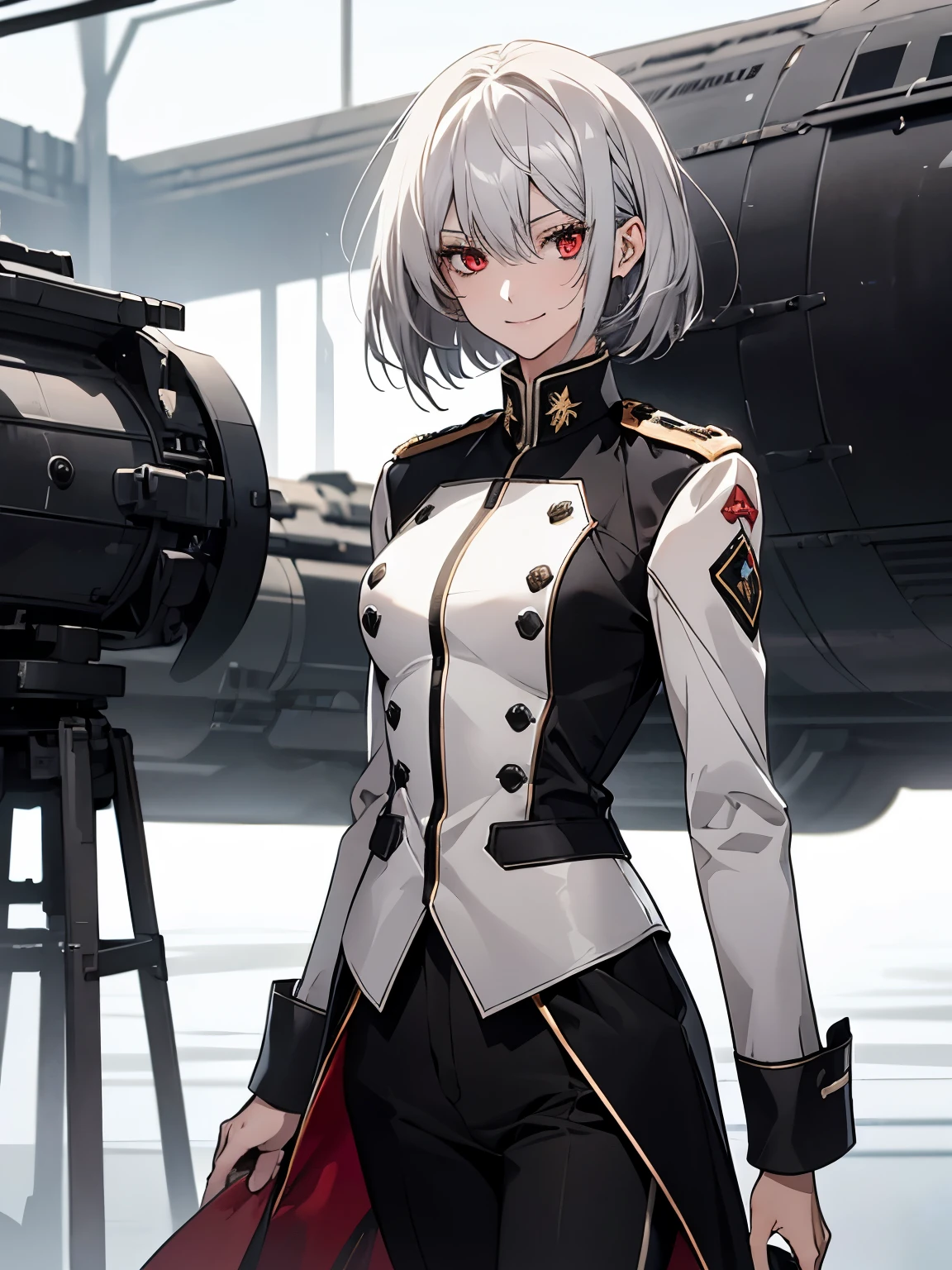 (Confused, High resolution, Very detailed), 1 female, Silver Hair,Bob Hair,Bright red eyes,White and black military uniform,24th generation,beauty,mature,thin,quiet,Calm,A small smile,A kind smile,In front of people you like,Long coat,Slender and thin,boots,skinny pants,observatory,Small breasts,
