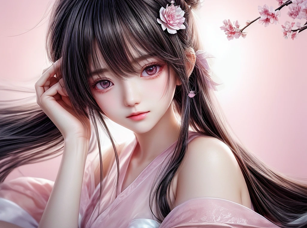 There is a long-haired、Woman in pink dress posing, Popular on cgstation, Beautiful anime girl, Gu Weiss, Japanese Goddess, Beautiful and charming anime woman, Attractive anime girl, Ghost Festival, Chinese Girl, Charming anime girl, Popular on cgstation内容, Beautiful anime woman, Beautiful Asian girl, artwork in the style of Gu Weiss ,1.2