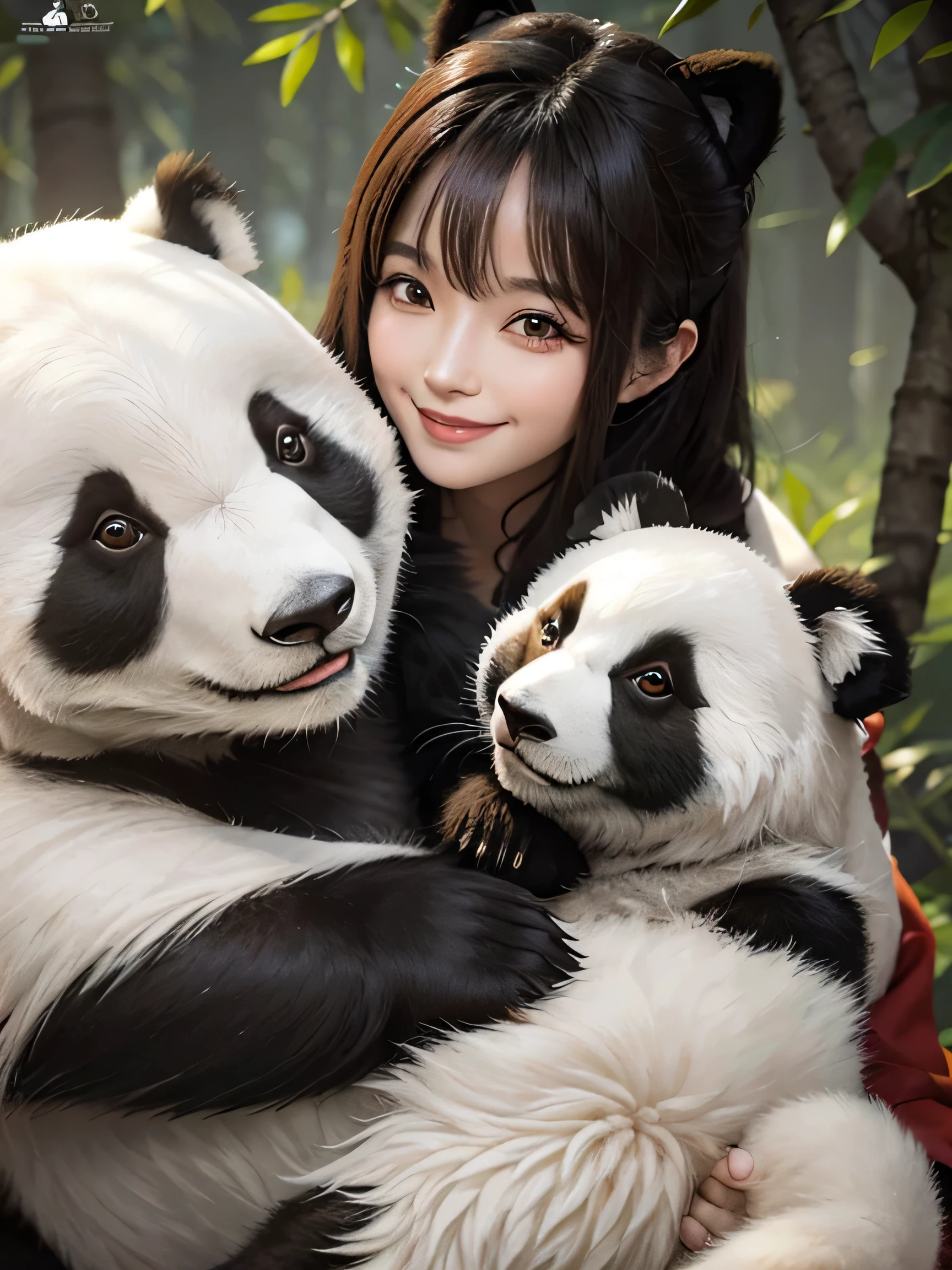 Combined with a smiling, living fluffy panda　Beautiful woman looking at a panda、