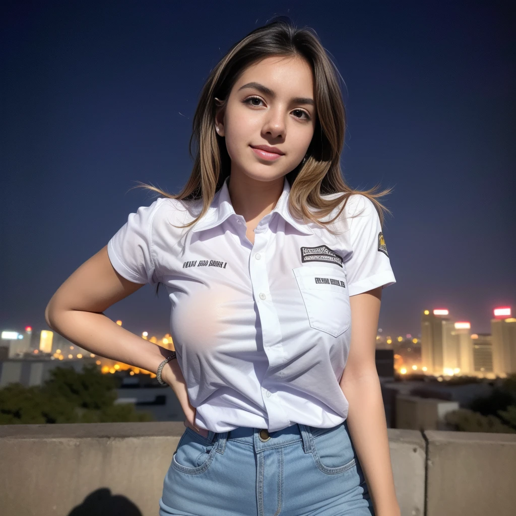 1girl, (uniform), standing, outdoors, night view, detailed Metropolitan city at the background, (above head shot: 1.4), detailed face, detailed eyes, brunette, big breasts, smooth realistic skin, semi-curvy body, white shirt, grey blue hot pants, looking at the audience, (8k, RAW photo, best quality, masterpiece: 1.2), (realistic, realistic: 1.37), ultra-high resolution