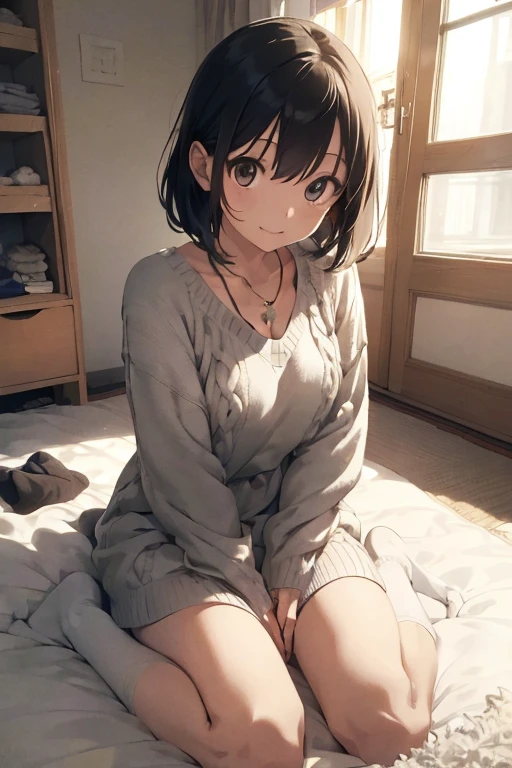 ((best quality)), ((masterpiece)), ichijou hotaru, jewelry, sitting on the bed, necklace, white socks, dress, sweater, indoors, sitting, (wariza:1.2), carpet, sunlight,