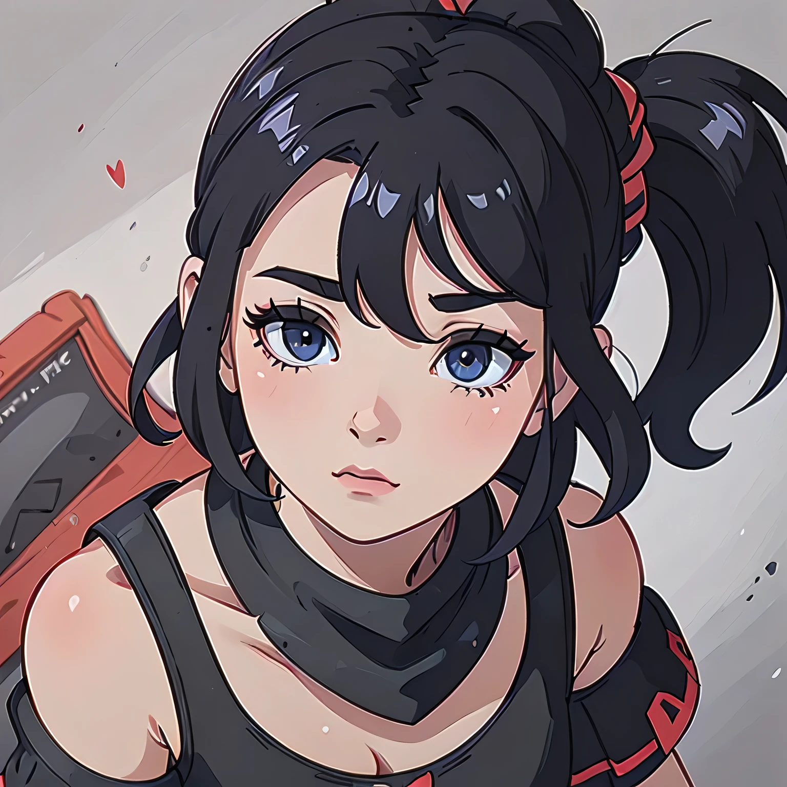 "defKale, black eyes, ponytail, crop top, bracer, red skirt, tight black thigh highs, bracelet, jewelry, bare shoulders, panties, looking at viewer, blue eyes, closed mouth, lingerie, high-resolution, ultra-detailed, realistic, vivid colors, portraits, warm tone lighting"