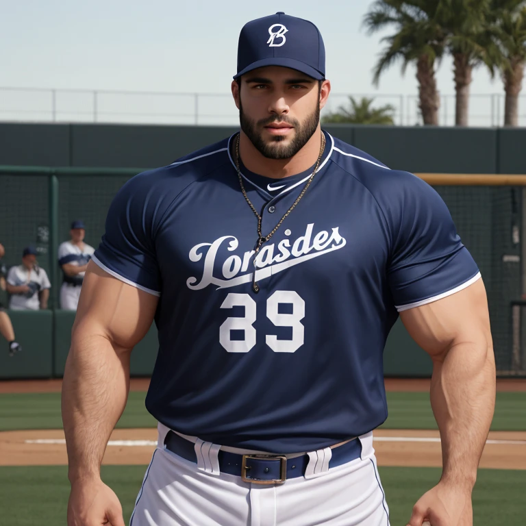 Hot handsome macho baseball player in a baseball field, fit body, elegant, charming, kind, scruff, hairy, big body, manly and masculine, symmetrical eyes, beautiful eyes, high Resolution, Masterpiece,Best Quality, God Rays, big pecs, big arms, daddy, father, dad body, stocky, thick thighs