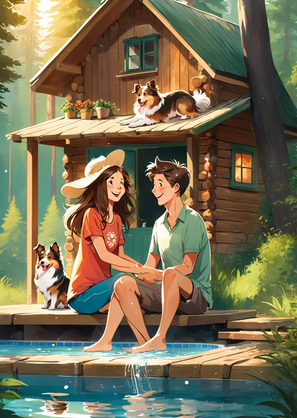 Forest cabin.
two people. love
young couple. man Woman.
sheltie dog
joy
luck
chill
sun
love.
holiday
entertainment.
laughter
Forest cabin.
Outdoor swimming pool.