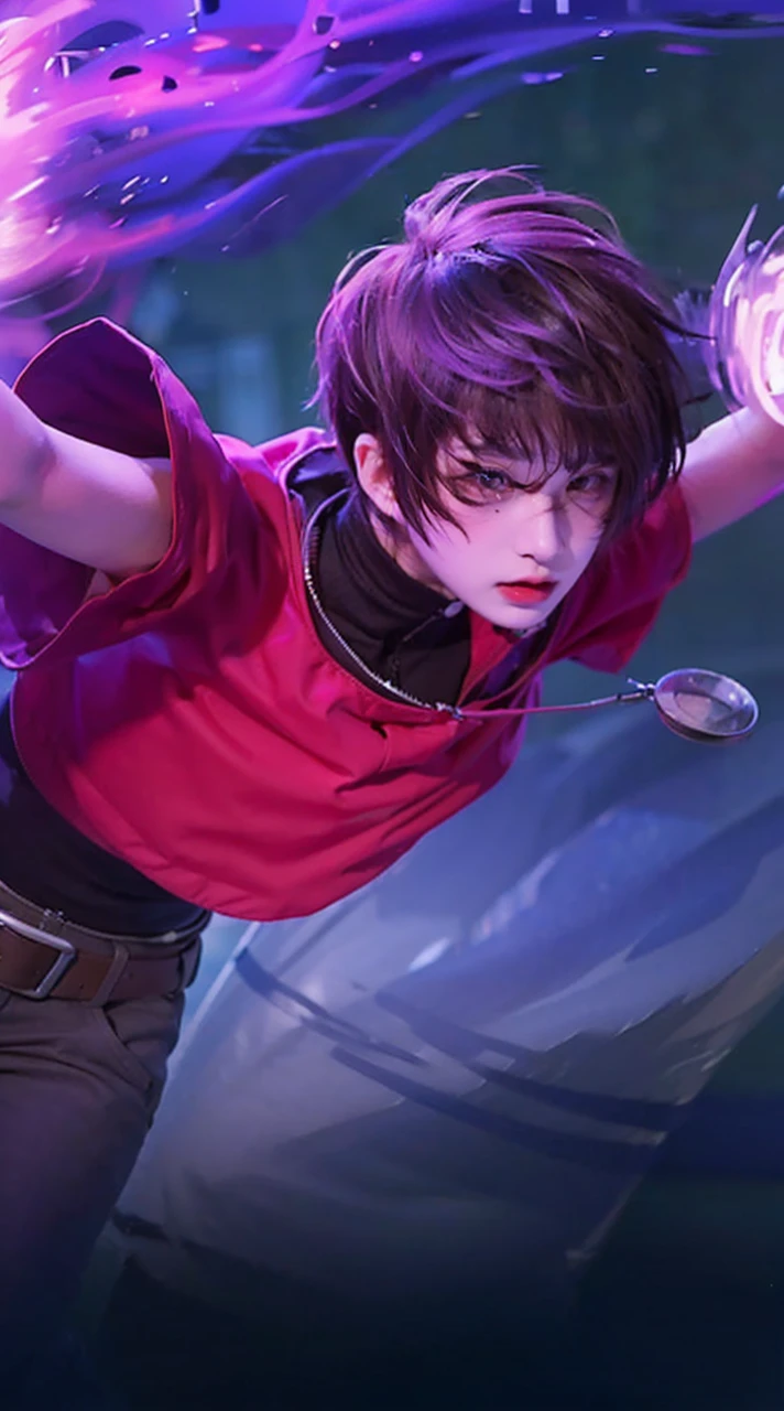 (front view:1.4), close-up portrait, (1boy:1.5), 20 year old, solo, orange spacesuit, bangs, brown(short hair:1.2), bag, blurry_background, purple neon light, backpack, zipper, urban techwear, outfit, 
