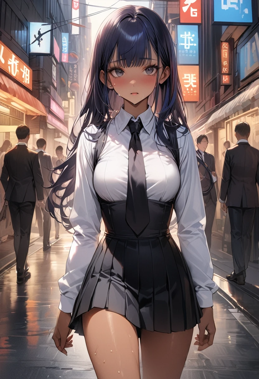 ((masterpiece,Highest quality:1.3,best quality illustration)),realistic,cowboy shot,1woman,(22 year old beauty),((very small head:1.4)),ideal ratio body proportions,dark blue hair,straight long hair,bangs,black eyes,gorgeous big eyes,shy、((tan skin,skinny)),(Black vest、Black tie、White collared shirt、Long sleeve、Black pleated mini skirt)),medium breasts,gleaming skin,slender body,sweat,walk,on street,Shinjuku、Tokyo、