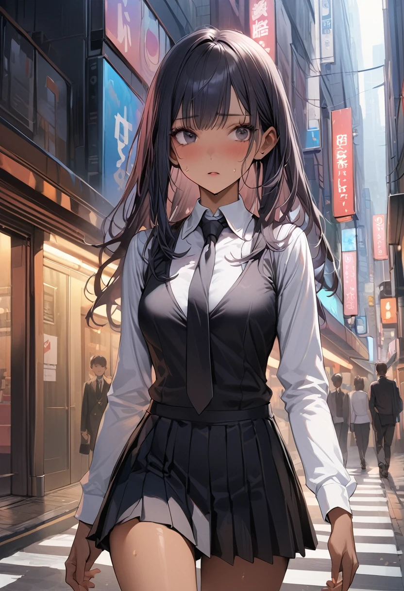 ((masterpiece,Highest quality:1.3,best quality illustration)),realistic,cowboy shot,1woman,(22 year old beauty),((very small head:1.4)),ideal ratio body proportions,dark blue hair,straight long hair,bangs,black eyes,gorgeous big eyes,shy、((tan skin,skinny)),(Black vest、Black tie、White collared shirt、Long sleeve、Black pleated mini skirt)),medium breasts,gleaming skin,slender body,sweat,walk,on street,Shinjuku、Tokyo、