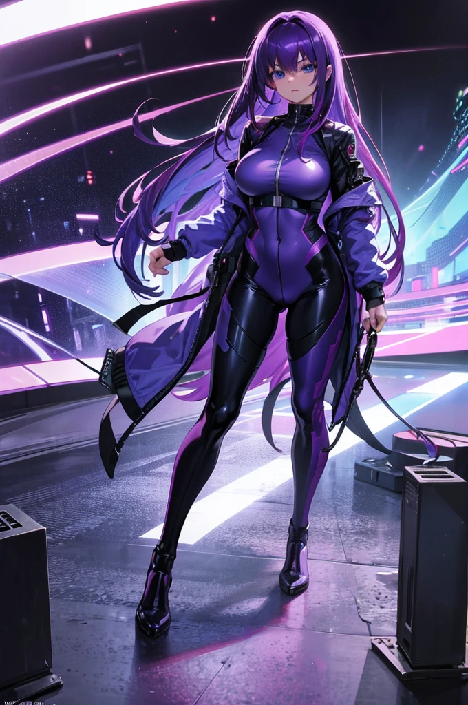 4K,High resolution,One Woman,Bright purple hair,Long Hair,Bright Blue Eyes,Huge ,Cyber Suit,Full Body Tights,Underground Research Institute