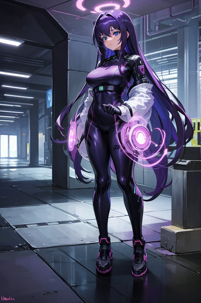 4K,High resolution,One Woman,Bright purple hair,Long Hair,Bright Blue Eyes,Huge ,Cyber Suit,Full Body Tights,Underground Research Institute