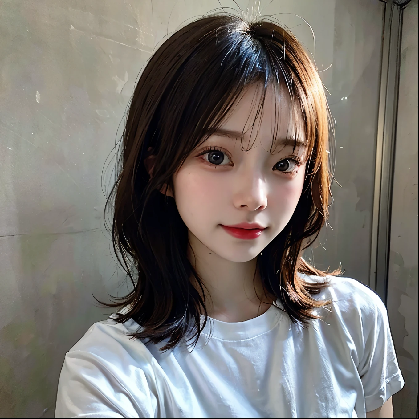 ((best quality)), ((masterpiece)), (detailed), perfect face. Asian girl. Selfie. Blank T-shirt. Wall. Low lighting.