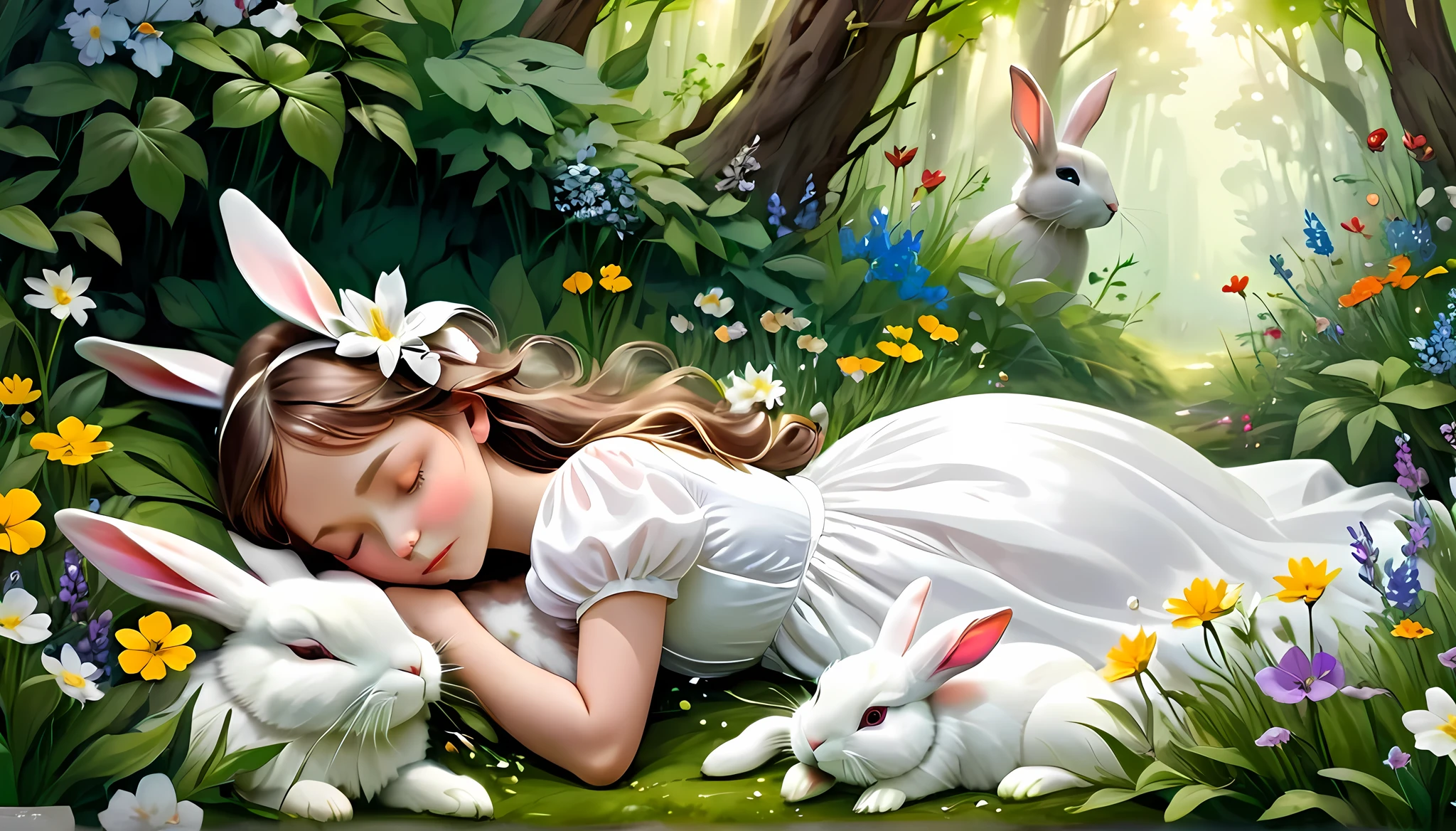 Girl in a white dress in the forest Surrounded by flowers Taking a nap with a rabbit