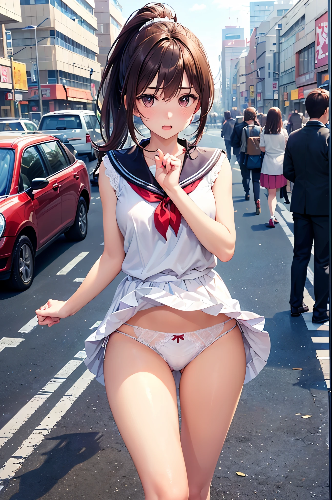 (((masterpiece, Highest quality, High resolution, 超High resolution, Perfect Pixel, Depth of written boundary, 4K, RTTX 10.0))), Beautiful Anime Woman, Beautiful art style, Anime characters, ((Smooth texture, Realistic texture, Anime CG Style)), Exact finger count、Exact number of legs、(Exact number of arms:1.0, Exact number of hands:1.0), (Perfect hands, Perfect Anatomy), Cinematic, Realistic, Extremely detailed CG, Daytime lighting, Perfect lighting, Best Shadow, The best natural light, whole body, Perfect body, (Slender body:1.2), ((Long Hair, bangs, Dark brown hair,ponytail)), (Detailed face, Beautiful Face, Beautiful eyelashes), (An adult woman is walking while flipping up her skirt with her hands.:1.4), (Fashionable white shirt, Sailor collar, Navy blue knee socks, loafers, Navy pleated mini skirt:1.3)、Angle from the front, ((Sexy and cute white underwear:1.3), (Stylish shiny white satin panties, Side-tie white panties, White panties with plain white center and lace decoration on the sides:1.3), (Thin panties:1.3)), Panties with red ribbon, (Beautiful big , The chest area of the shirt is tight:1.17), (Beautiful and thin thighs:1.3), Feeling embarrassed, (blush:1.2), (Very embarrassed look:1.4), A very patient expression, (City hustle and bustle, Buildings on the background, Sidewalk, Intersection in the background, Akihabara-like streetscape, Many people dressed in clothes in the background々, People in the background々is looking at a woman:1.4)