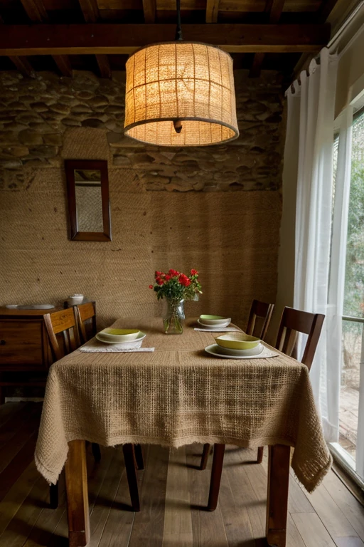 Table with jute tablecloth,natural decoration and soft artificial light