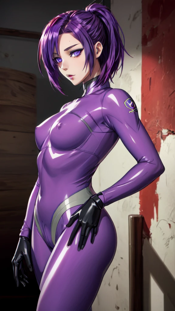 masterpiece, best quality, highres, 1girl, solo, short hair, ahoge, red hair, purple eyes, purple hair, pilot suit, gloves, cowboy shot, standing,