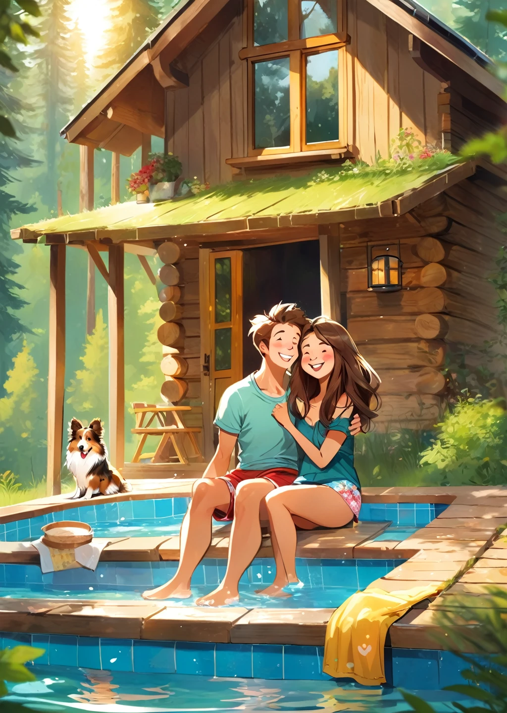 Forest cabin.
two people. love
young couple. man Woman.
sheltie dog
joy
luck
chill
sun
love.
holiday
entertainment.
laughter
Forest cabin.
Outdoor swimming pool.