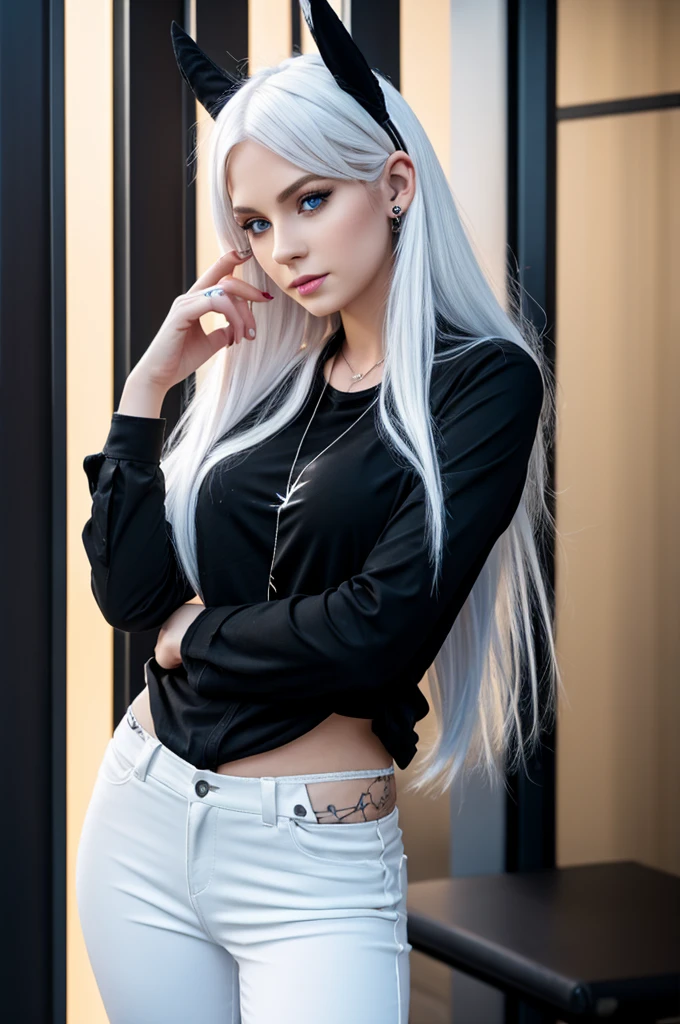 1 female, high res, 4k, anime, long white bunny ears, long hair, white hair, blue eyes, pale skin tone, lightning theme, lightning tattoo, early twenties, long black shirt, jacket, black high-rise pants, Tattoos, ear piercings, curvy, dainty neckless, watch, ring on the right thumb, electricity and lightning around the body
