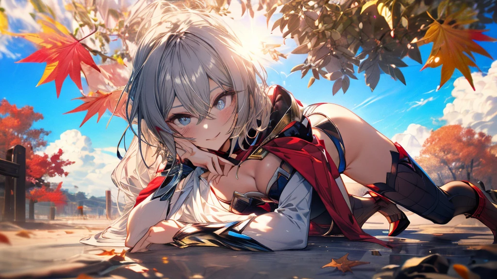 ((full body)),masterpiece, 4K, 8k, high quality, Very detailed, Detailed face, High resolution, Vibrant colors, Natural light, Best Shadow, Shallow depth of field, Portraiture (Supergirl:1.1) , ((Fall sideways to the ground)),smile, Blue leotard, Red Cape, red boots with heels, Grey Hair,delicate, Captivating blue eyes, Nice medium sized breasts, , (Superman symbol on chest:1.2), , blue sky, sunlight, cloud, sun, bloom,