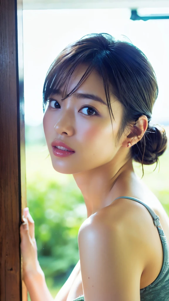 (Highest quality, 8k, 32K ..., masterpiece, Ultra-high resolution:1.2),Beautiful Japanese Women Photos, Black Hairの, Beautiful Face,(Leaning forward:1.3),squat,(From above:1.2),(close:1.4),throw,Loose fitting T-shirt,Big ample breasts,(Beautiful nipple exposure:0.9),Plein Air,The wind is blowing,,Glittering Skin,Blurred Background, hot summer, Drops of sweat,Random hairstyles for short hair and updos、Black Hair