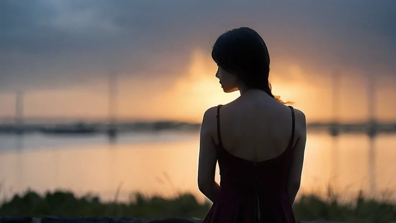 best quality, masterpiece, A woman sits with her back turned., Evening Twilight, cloudy, There's a rainstorm., beach, The night has stars, The sun is on the horizon., Thailand