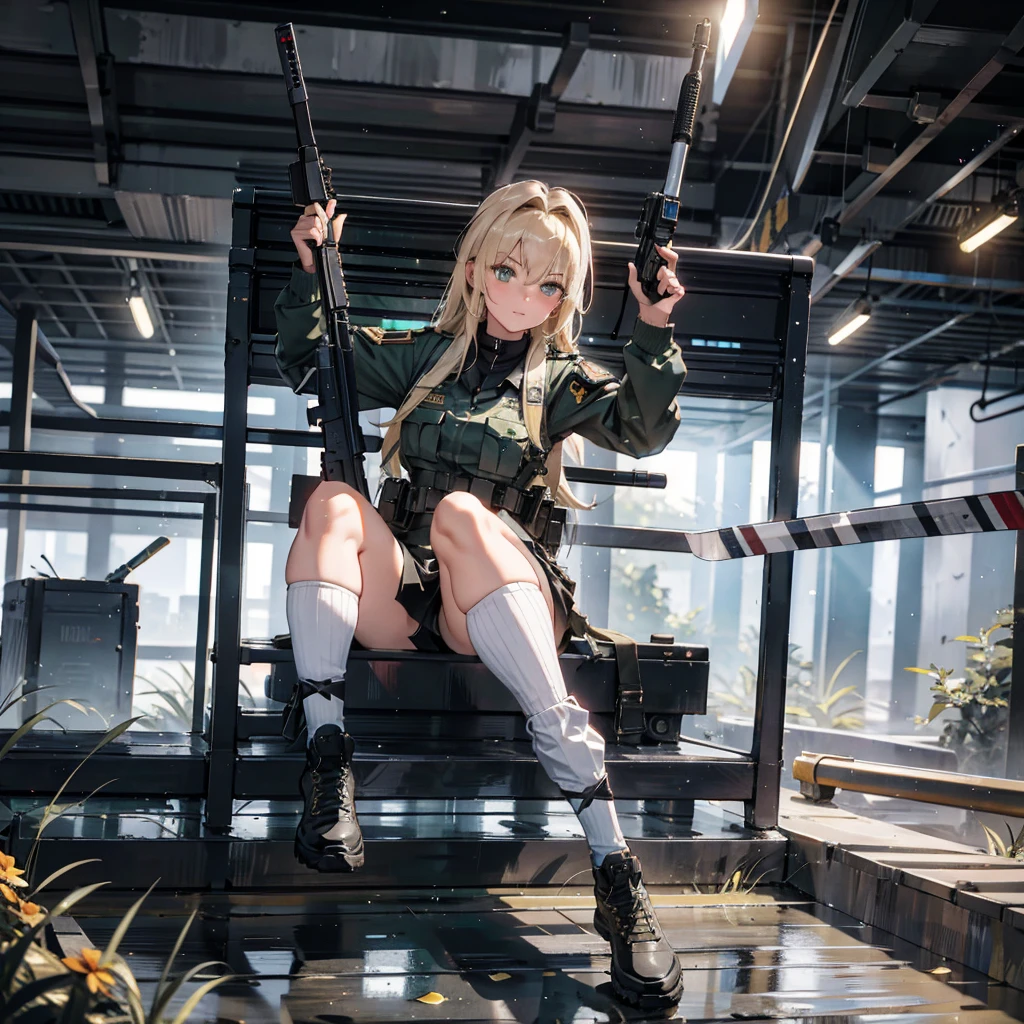 {{masterpiece, Highest quality, Extremely detailed CG, Unified 8k wallpaper, Cinema Lighting, Lens flare}}, Girl Shooting Rifle, Wide View, whole body, Thick body, Long blonde hair, Green Eyes, (Have a weapon, He has a rifle., aim, aim: 1.4), gun, h&Khk416, carbine, fire, Firing, (1 girl soldier aim a huge rifle), 24-years-old, Loss of teeth, special forces, From above, Knee kick,