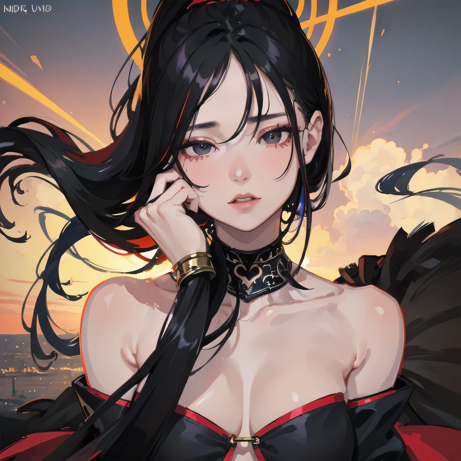 a beautiful woman with long black hair in a ponytail, big black eyes, wearing a red crop top, black bracers, red skirt, tight black thigh highs, a bracelet, jewelry, bare shoulders, panties, looking directly at the viewer, vivid colors, realistic, ultra-detailed, 4k, 8k, masterpiece, high-resolution, portraits, warm lighting
