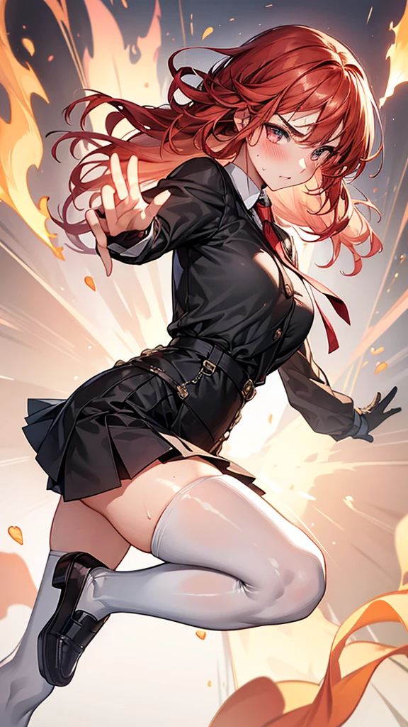 Cowboy Shot,from side,Dynamic composition,{{masterpiece}}, {{{Highest quality}}},{{Very detailed}}｛{{Mature woman punching with flaming fist}}｝,{{疲労でSweatをかいている成人女性}},Sweat,action,{{Blushing}},{{V-shaped eyebrows}},{{White Long sleeve mini skirt uniform}},{{suspenders}},{{{Fight}},{Forward tilt},Raise your hand,Shoot flames from your hands ,{{}},{{Eyelet foot}},,{{magic}},{{Fighting}},,Slender body}}{{Female police officer}},,White long-sleeved blouse,,suspenders　,Long sleeve mini skirt uniform, White High Socks,Black fingerless gloves, Long Red Hair, Red tie,Straight hair ,Blunt bangs,.amountn loafer,,blush,,,suffering,v-shaped eyebrows.,Sweat dripping,Medium chest ,