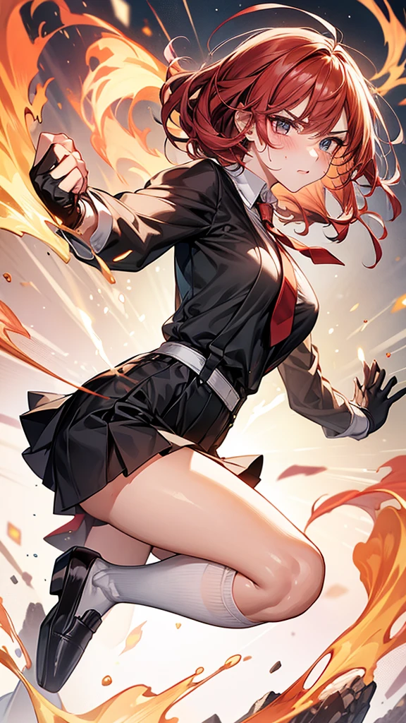 Cowboy Shot,from side,Dynamic composition,{{masterpiece}}, {{{Highest quality}}},{{Very detailed}}{{{Mature woman punching with flaming fist}}},{{疲労でSweatをかいている成人女性}},Sweat,action,{{Blushing}},{{V-shaped eyebrows}},{{White Long sleeve mini skirt uniform}},{{suspenders}},{{{Fight}},{Forward tilt},Raise your hand,Shoot flames from your hands ,{{}},{{Eyelet foot}},,{{magic}},{{Fighting}},,Slender body}}{{Female police officer}},,White long-sleeved blouse,,suspenders ,Long sleeve mini skirt uniform, White High Socks,Black fingerless gloves, Long Red Hair, Red tie,Straight hair ,Blunt bangs,.amountn loafer,,blush,,,suffering,v-shaped eyebrows.,Sweat dripping,Medium chest ,