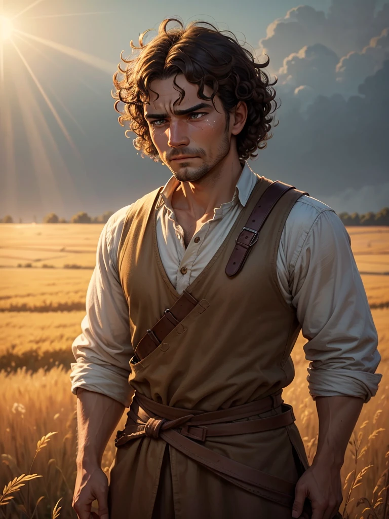 create a picture detailed illustration of a strong peasant man, expression of sadness and pain on his face, big light brown eyes with tears, very sad, brown curly hair, standing in front of a field and illuminated by sunlight in the evening