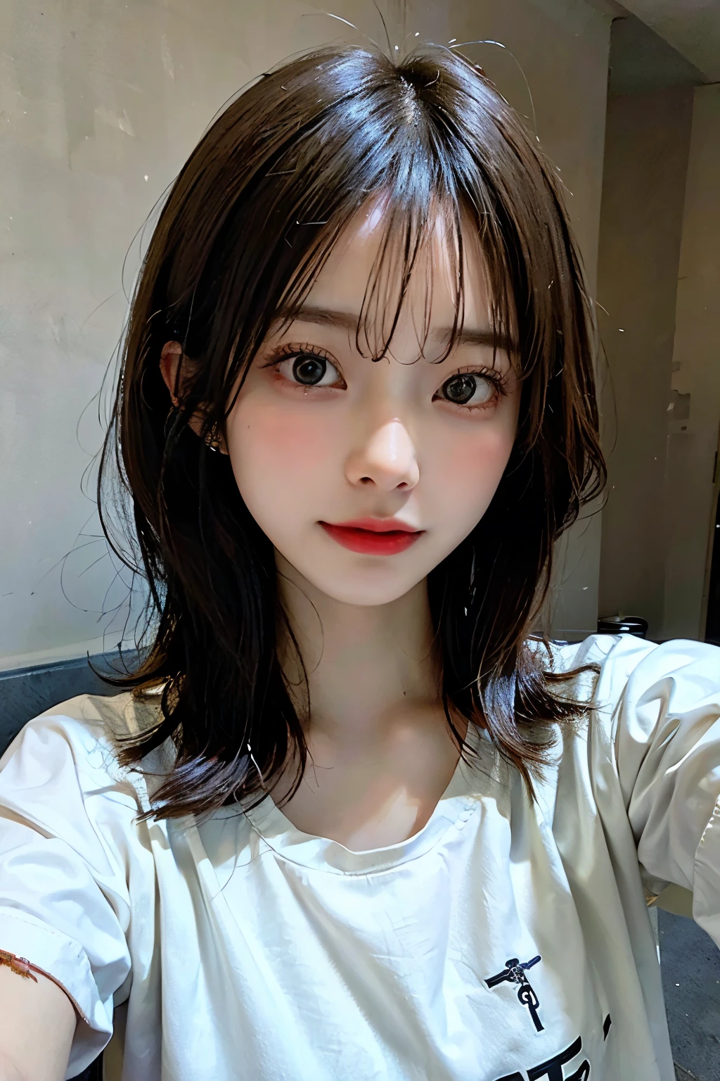 ((best quality)), ((masterpiece)), (detailed), perfect face. Asian girl. Selfie. Blank T-shirt. Wall. Low lighting.