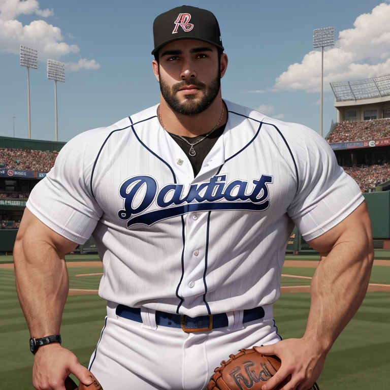 Hot handsome macho baseball player in a baseball field, fit body, elegant, charming, kind, scruff, hairy, big body, manly and masculine, symmetrical eyes, beautiful eyes, high Resolution, Masterpiece,Best Quality, God Rays, big pecs, big arms, daddy, father, dad body, stocky, thick thighs