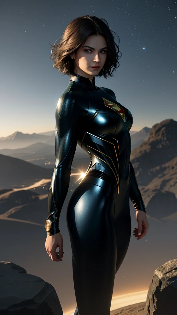 Superman female version.
Young woman dressed in tights, Short bob style hair, blue eyes,
- Entirely white and red fitted suit - suit that enhances female anatomy, 
- Standing, with a firm and confident posture, big hips, big buttocks, small waist, big chest, flying over a city with a determined look.
- In a sensual pose, ready for action, with one arm extended and the other flexed.
- Sensual and mischievous look, transmitting lust .
- A soft but confident smile can add warmth and bring the character closer.
- A cosmic scene with planets and stars, showing your connection to the universe.
- A night landscape,
- Soft, warm light that highlights the textures and details of the suit.
- Shadows that accentuate the muscles and figure, creating a dramatic contrast.
- Light effects that suggest energy and power emanating from the character.
- Hair blowing in the wind, adding dynamism.
- Visual effects such as flashes of light or auras that enhance your power.
- Add moving elements, like hair, to give life and energy to the image.
