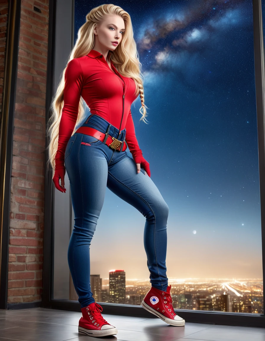 BOMBSHELL BLONDE WOMAN, WARRIOR FEMALE ON BLUE JEANS JUMPSUIT, VERY PALE SKIN, BLUE EYES, HIGH CHEEKBONES, ROSY CHEEKS, MENTAL FORAMEN, HUGE LONG BLONDE HAIR,LONG BRAIDED HAIR, LONG BRAID,  LONG JEANS DREADS ON LONG BLONDE HAIR, THONG LEOTARD, RED LONG SLEEVES SHIRT, JEANS BODYSUIT, NECK BODYSUIT, RED GLOVES, RED BELT, GOLD BUCKLE, RED CONVERSE ALL STAR SHOES, ATHLETIC CURVY BODY, DETAILED QUADRICEPS, THICK THIGHS, MUSCLES, SIDE BODY VIEW, FULL BODY PERSPECTIVE, DARK HALL, HUGE WINDOWS, NIGHT SKY, ACCURATE IMAGE, MASTERPIECE.