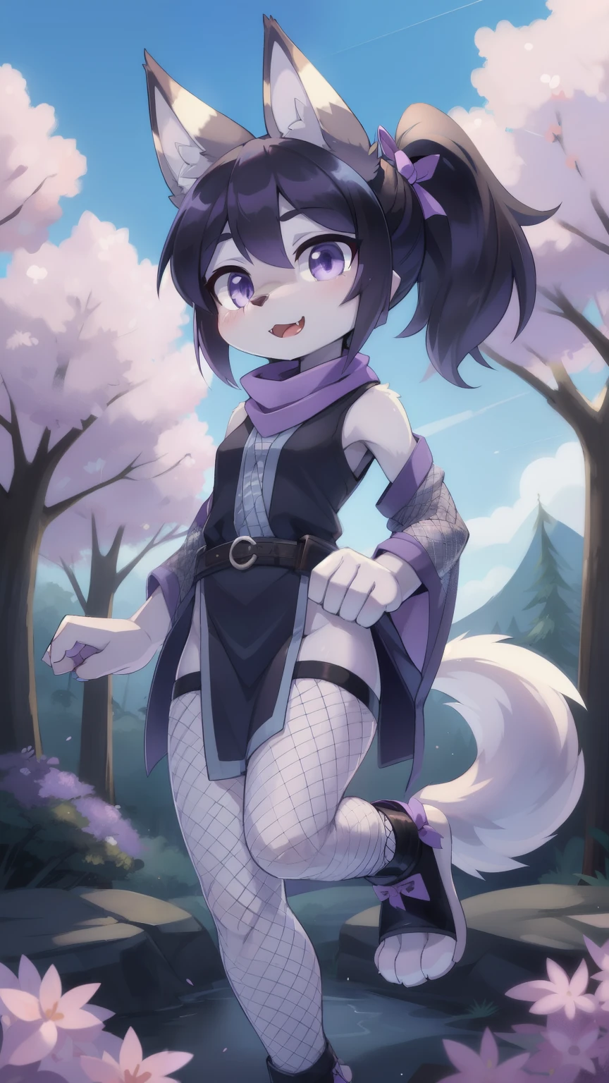 score_9,score_8_up,score_7_up, source_cartoon, source_furry, furry girl, young, wolf, black hair, hair bang covering one eye, long large ponytail, anime style, small breasts, lilac eyes, (wolf tail), (wolf ears), ((dark lilac scarf, dark blue sleeveless kimono, lilac ribbon on ponytail, fish net thights, toeless footwear)), high quality, detailed body, detailed eyes, detailed face, masterpiece, glistening body, detailed body fur, best quality, skinny, spectacular effects, detailed hands, perfect lighting, perfect shadows, perfect eyes, perfect hair, perfect face, gorgeous body, clear gray body fur, detailed hands, glistering body, shiny body, skinny, spectacular effect, fangs, solo, :3, Sakura tree forest, clear sky, full body, feets with three toes, 3 toes, short body, 