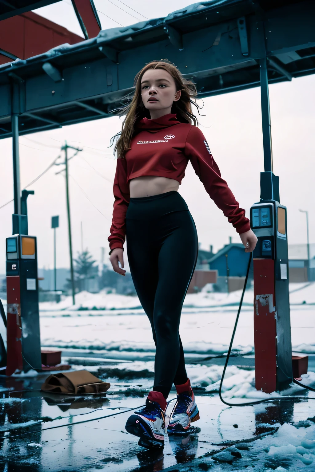 A young Sadie Sink in a skintight fleece and shiny leggings, 18 year old, dynamic action pose. Hyperrealistic, cinematic, low quality grainy film, contrasting saturated colours, (exploring an abandoned gas station in winter, looking off to the side:1.2), (thick fog and falling snow), (medium close shot:1.2), (worried, concerned),