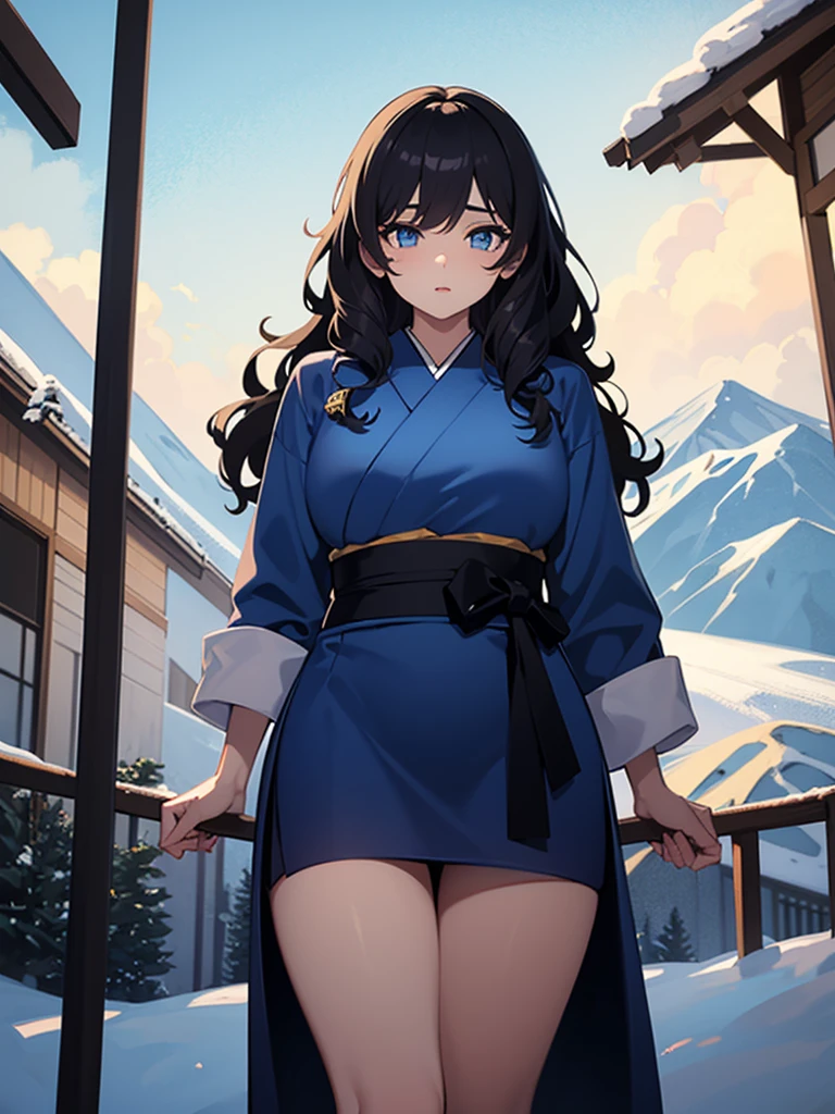 black girl, with long dark hair, blue colored eyes, wearing a Japanese , with a ski body and voluminous thighs, heavily curly hair